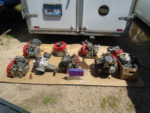 Asst Honda horizontal shaft motors. 4 - 8 hp. 2 have gear reducers. For parts or repair. As shown.
