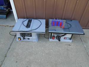 Qty of 2 table saws for parts or repair. Possible switch issues. As shown.