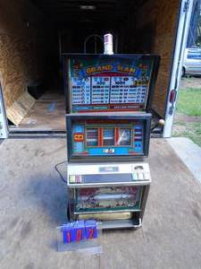 Bally grand slaw slot machine. 5 cents. Appears complete. Has been sitting a few years. Codes may need to be reset. As shown.