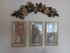 lot 12 image: 4-Piece Ornate Wall Display of Greek Goddesses and a Silk Flower Hanging, 28-inches long, 3-Pictures