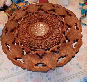 lot 61 image: Ornate Hand Carved Folding Wood Display StandPlant Stand, 11.5-inches Round by 12-inches tall