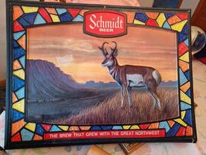 lot 65 image: Vintage Beer Collectibles Schmidt Beer Plastic Insert for a Lighted Sign of Pronghorn 19.25-inches wide by 14.5-inches