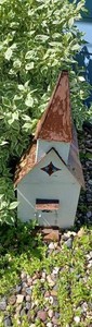 lot 81 image: Home-Made Metal and Tin Church Lawn Ornament, 15.5-inches wide by 30-inches long and 38-inches tall