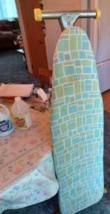 lot 131 image: Sunbeam Steam Iron, Full Size Folding Ironing Board, Fuller Pressing Cloth, Low Splash Bleach, Clear Ammonia-23 full