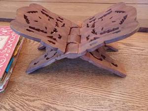 lot 143 image: Ornate Folding Wooden Stand Ideal for Books and Bible, Selling with Vintage Betty Crocker Picture Cook Book