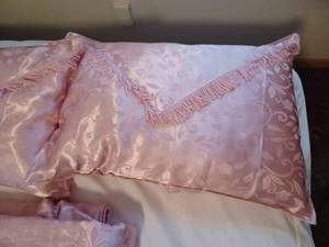 lot 152 image: Elegant Pillow Cases and Bed Spread with Fringes and a Pair of Feather Pillows-Polyester Cases with an almost Silk Feel