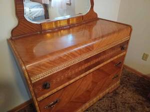 lot 153 image: Vintage 2-Piece Bedroom Set-4 Drawer Chest 32-inches wide by 49.5-inches tall and a 3-Drawer Dresser with Ornate Etched