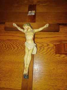 lot 182 image: Vintage Wood and Ceramic Crucifix 21.5-inches tall, and a Vintage Sunco Wooden Sick Call Set, Complete and 12-inches tall