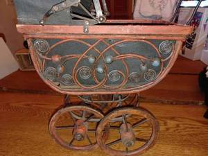 lot 184 image: Vintage Ornate Doll Buggy, Small Ceramic and Styrofoam Doll, Doll Dress, Catholic Nun Doll-Missing a Black Stocking and Shoes