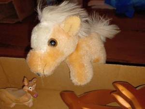 lot 185 image: Box of Assorted Toy Animals including Plastic, Glass, and Wood, Small Plush Pony and a Ty Beanie Baby Moose