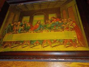 lot 188 image: Vintage Framed The Lords Last Supper Picture 18.5-inches wide by 15-inches tall with the names of the Apostles on the Table Cloth