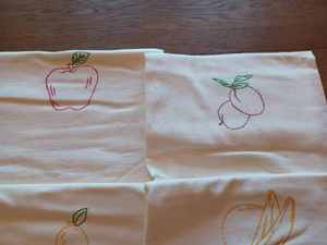 lot 223 image: Six Vintage Embroidered Fruit Dish Towels