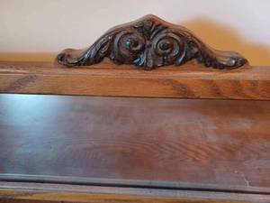 lot 231 image: Ornate Vintage Oak Buffet with Mirror and Applied Carving - Measures 54-inches wide by 49-inches tall to the Top of the Mirror