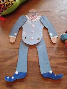 lot 233 image: Vintage Toys and Some Newer 4-Wood Brain Teaser Puzzles, Cardboard Dancing Clown-Missing Paper Fasters for Arms
