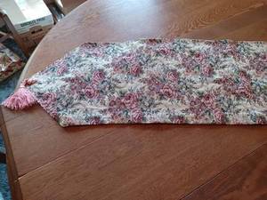lot 234 image: 13.5-inch wide by 56-inch long Vintage Table Runner with Tassels - Rose Pattern
