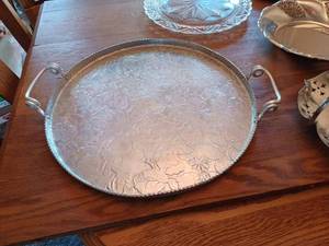 lot 237 image: 8 Elegant Serving Pieces 15-inch Handled Metal Tray with Fruit Pattern, Glass Cake Plate (Missing Cover), 13-inch Metal Tray