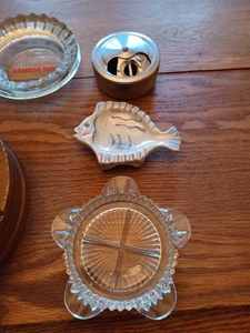 lot 240 image: 13-Assorted Ashtrays Small Metal Ash Tray, Fish Shaped Ashtray, 2-Ramada Inn Ash Trays, Wood Ashtray with Glass Insert