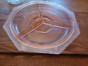 lot 241 image: 10-inch Pink Depression Ornate Serving Dish and a Heavy Glass Etched Creamer & Sugar Bowl