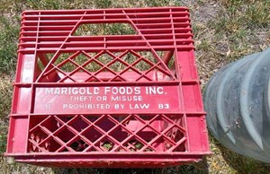 lot 248 image: Plastic Milk Case, Empty Plastic Water Bottle, Eagle One Gallon Gas Can, and Three Wood Patio Planter Boxes