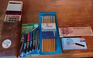 lot 255 image: Home Office and School Supplies Desk-Top Stapler and Staples, New Pencils, Box of Swagger Stick Pencils, Pens, Magnifying Glass and More