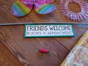 lot 261 image: Folk Art Fishing Rod and Reel Sign Friends Welcome Relatives by Appointment, New Photo Album, Silk Butterfly