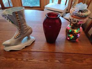lot 286 image: Four Vintage Curios and Centerpieces Atlantic Mold - Ladys Boot 11-inches Tall, Ruby Vase - 9-inches tall, Lighted Potpourri 10-inches tall