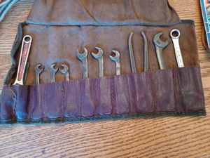 lot 314 image: Vintage Tools and Modern Hardware Lot 8 Piece Wrench Set in Leather Pouch, 4-inch Diamalloy Adjustable Wrench