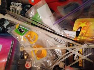 lot 324 image: Box of Hardware #18 Nylon String,Electrical Tape, Eveready Flash Light, Wire Nuts, Small Can of Silicone Grease