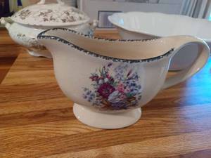 lot 334 image: Three Vintage Serving Pieces Large 11-inch Round Bowl, Ornate Gravy Boat, and an Ornate Covered Soup Server