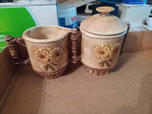lot 337 image: Ceramic Creamer and Covered Sugar Bowl, Vintage Soup and Desert Bowls, White Glass Serving Bowl, and a Microwave