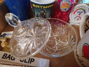 lot 347 image: Covered Candy Dish, I Love Grandma Coffee Cup, Dinner Bell Humorous Plaques, Humidity Gauge, Miniature Bells,