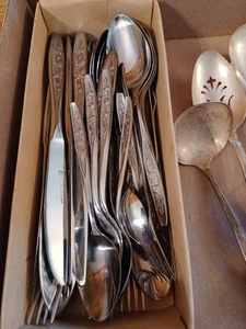 lot 349 image: Ekco Eterna Stainless Tableware in Rose Cotillion Pattern on Handles and Assorted Stainless and Ornate Silver Plate