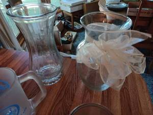 lot 356 image: 8-Pieces Pair of Heavy Frosted Glass Mugs From Ozark National Life, 2-White Glass Vases, and Avon Dear Friend