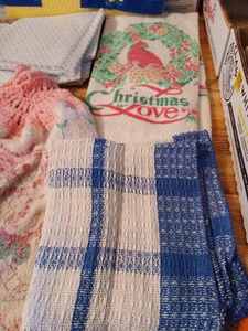 lot 363 image: Two Ornate Dish Towels, New Dish Rag, New Package of 6 Handi Wipes, Two Half-Gallon Handi-Holders for Milk and Juice