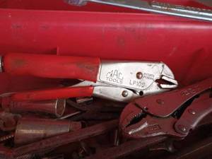 lot 380 image: Red Plastic Tool Box Full of Hand Tools and Hardware Crescent Channel Pliers, Vise-Grip 10CR Pliers, Mac Tools Pliers