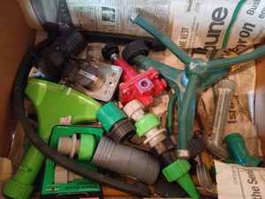 lot 386 image: Four Lawn Sprinklers, L-P Gas Valve, Garden Hose Accessories, Rose Bush Watering Wand, and Spray Nozzles for Hoses