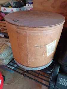 lot 406 image: Carboard and Metal Storage Barrel, 14.25-inches Round by 13-inches tall, Vintage 12-inch Round Metal Pail with Lid,