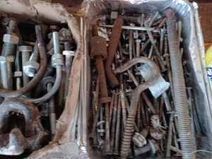 lot 441 image: Four Containers of Hardware New Bolts Half-inch and Smaller, U Bolts, Assorted Nails, New Sheet Rock and Deck Screws