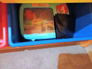 lot 452 image: Toy and Arts & Crafts Shelf with 12-Colored Bins, Two Barbie Type Dolls, and Few Other Toys