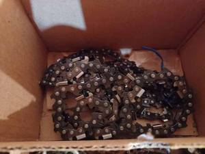 lot 466 image: Box of Assorted Chain and Longer Pieces of Chain Hanging on a Hook