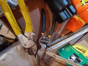 lot 470 image: Box of Hardware, Two Pruning Shears, Manual Hedge Trimmers, Small Cans of Insect Spray, Sand Paper, Wire Brush,