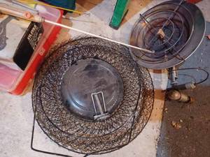 lot 500 image: Two Jiggle Sticks, St. Croix Fishing Machine, Silstar 40B Fishing Reel, Wire Fish Basket, Sunflower Heater, Life Vest