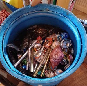 lot 527 image: Blue Plastic Barrel Full of Crushed Aluminum Cans and Other Types of Aluminum