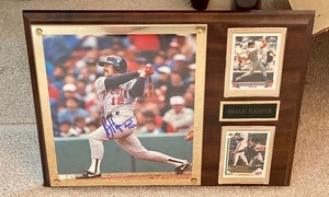 lot 27 image: Signed Baseball Player, Brian Harper Photograph and Two Baseball Cards on Plaque