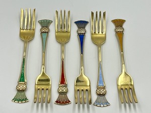 lot 50 image: Five Norwegian J. Tostrap Thistle Art Deco Sterling and Enamel Small Forks
