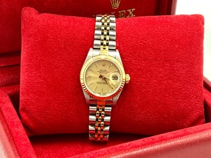 lot 10A image: Womens Oyster Perpetual 18k and Steel Datejust Rolex Watch with Original Box