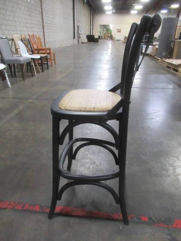 lot 108 image: Mavery Black Wood Counter Stool with Woven Seat and Cross Back (18 in. W x 40 in. H), PJL118-PJF022.