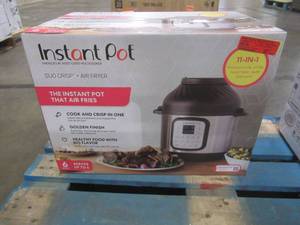 lot 142 image: Instant Pot Duo Crisp and Air Fryer, 6 Quart 11-in-1 One-Touch Multi-Use Programmable Pressure Cooker with Air Fryer Lid, 140-0021-01. In nice working condition