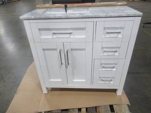 lot 122 image: Riverdale 36 in. W x 21 in. D Vanity in White with a Carrara Marble Vanity Top in White with white Sink - Drill hole in RH Side Panel.