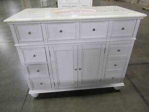 lot 123 image: Hampton Harbor 44 in. W x 22 in. D Bath Vanity in White with Natural Marble Vanity Top in White - Top LH Front Corner Cracked.
